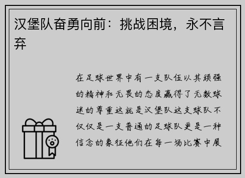 汉堡队奋勇向前：挑战困境，永不言弃
