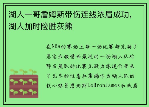 湖人一哥詹姆斯带伤连线浓眉成功，湖人加时险胜灰熊